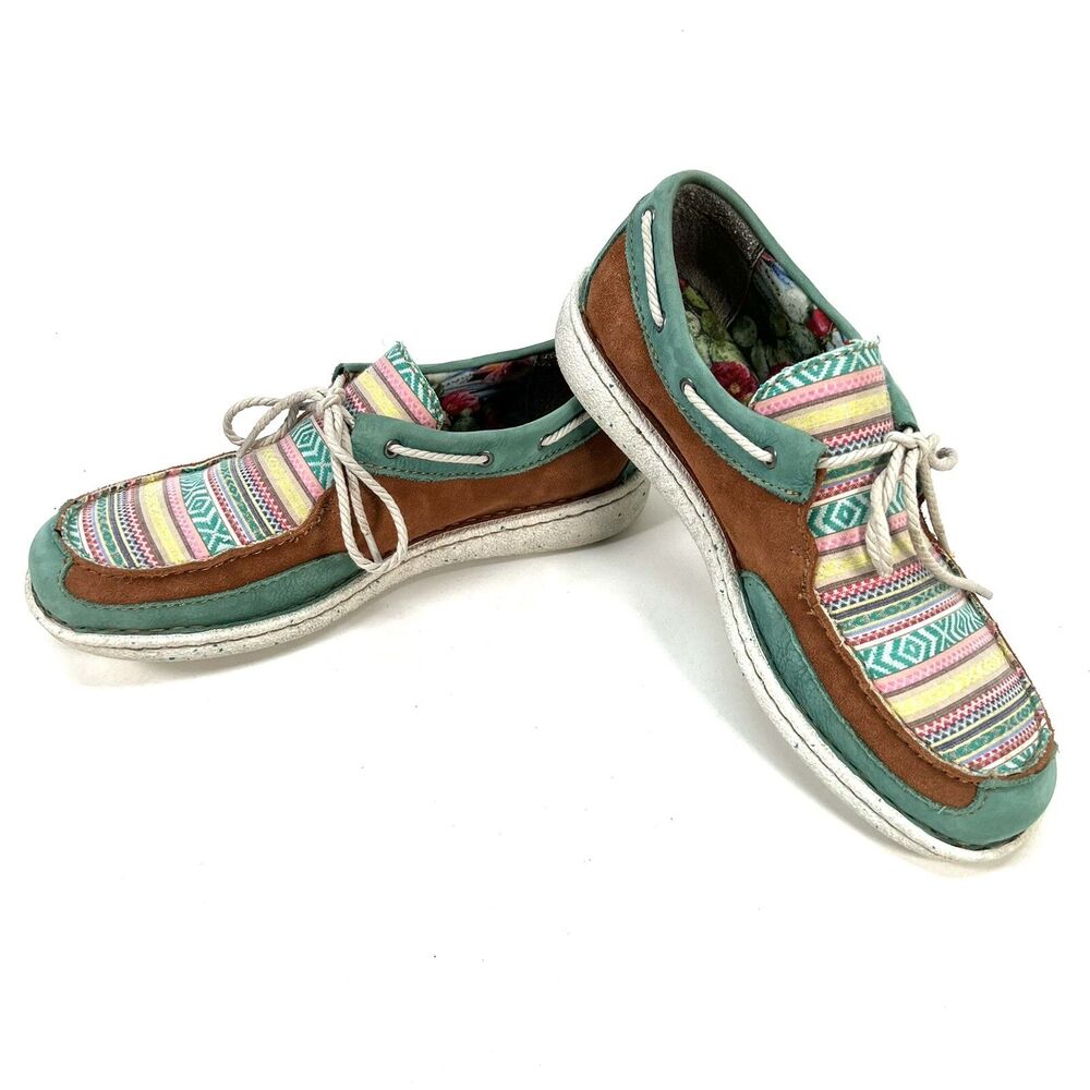 Justin Womens 10M Boatie Boat Shoes Brown Turquoise Southwestern Suede Moc Toe